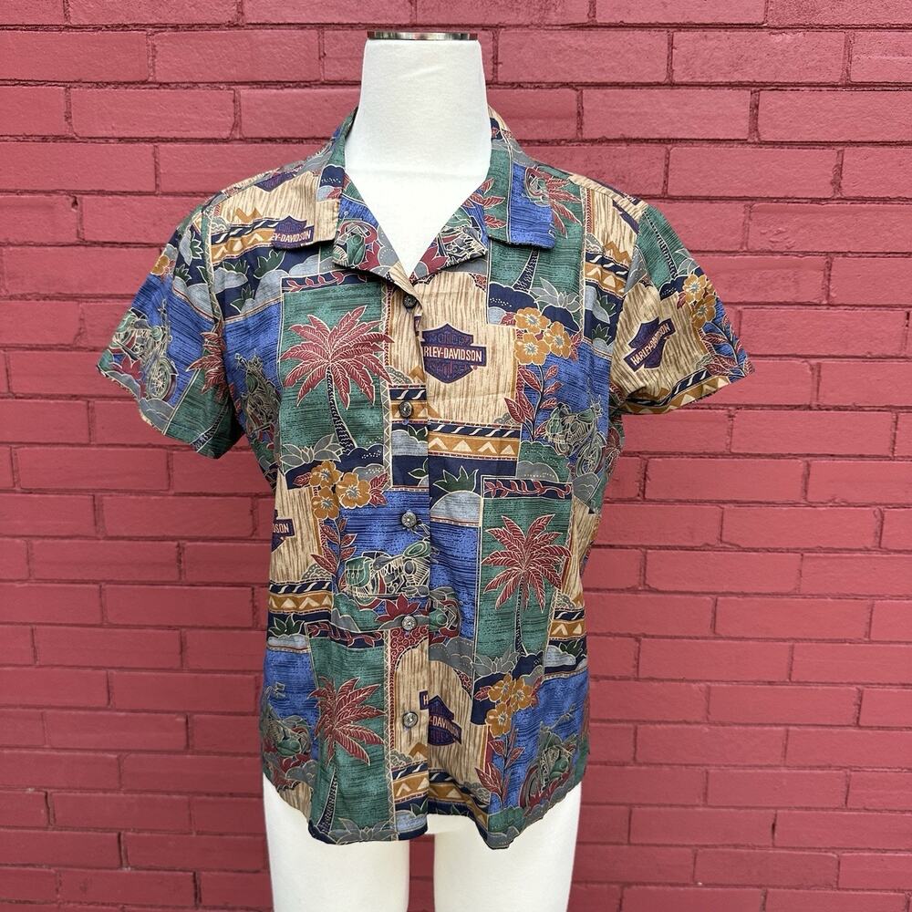 Vtg Harley Davidson Tori Richard‎ Hawaiian Shirt Womens Sz 14 Motorcycle AOP USA